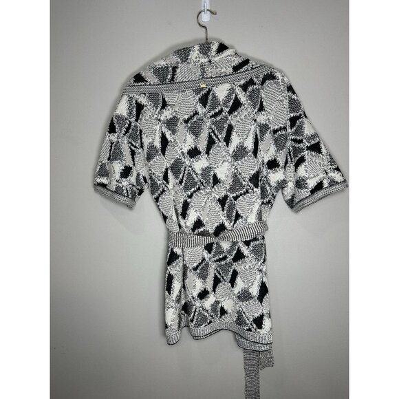 St. John Chunky Open Draped Knit Cardigan Sweater Size Small Black White Belted - Picture 9 of 11